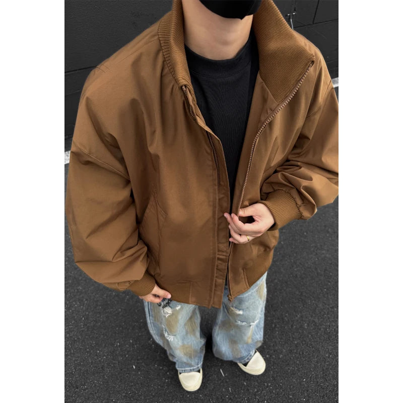Jacket Mens Casual Jacket Solid Stand Collar Loose Fit Zipper Autumn Coat Ribbed Cuffs Relaxed Outerwear