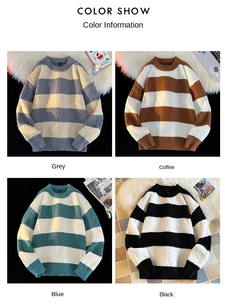 Men's New Black and White Striped Sweater Men's Autumn and Winter Loose Pullover Casual Top Men's Homestay Casual Warmth