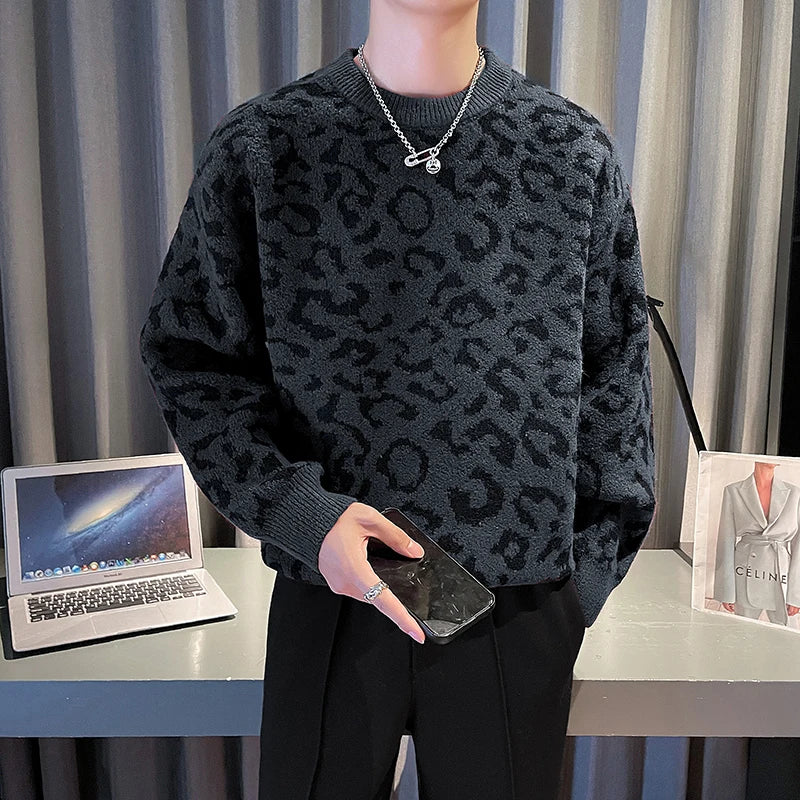 Autumn Winter Mens Letter Jacquard Sweater Coarse Wool Heavy Knitwear Casual Warm Pullovers Clothes Christmas Knit Jumper Man