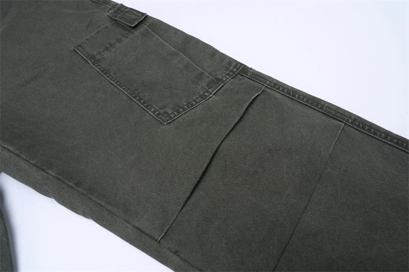 American Loose Straight Cargo Pants Men's Fashion Streetwear 100% Cotton Vintage Large Pocket Loose Casual Wide-leg Trousers