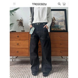 JEANS MEN Black Straight Leg Mens Jeans Novel Pocket Design Front Patch Denim Pants Trendy Fashion Casual Trousers Hot Sale 2025