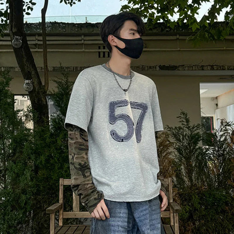 Niche Design Men's T-shirts Round Collar Letter Patchwork Camouflage Long Sleeve Contrast Color Loose Male Tees New