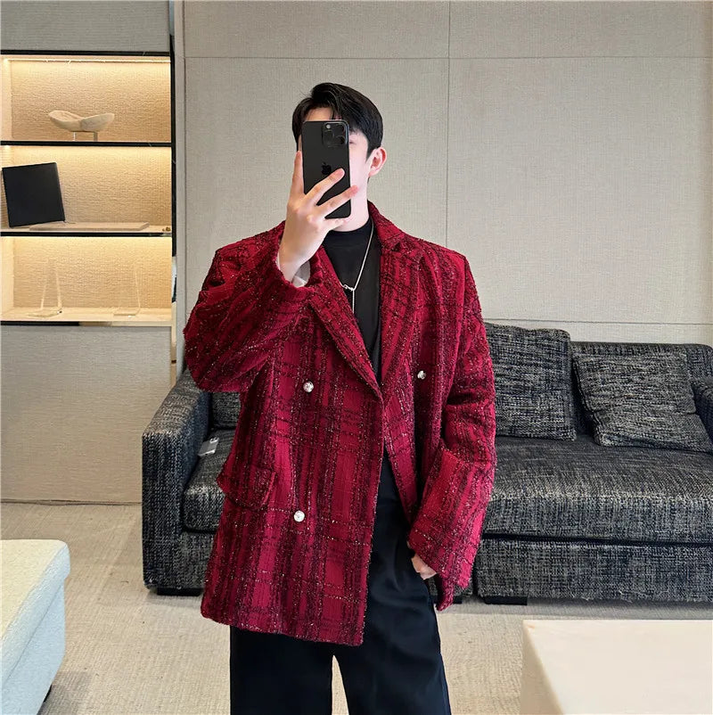 Chic Men's Red Blazer Jacket Shiny Silk Plaid Stage Prom Dress Clothing Autumn Winter Desinger Casual Tweed Suit Coat