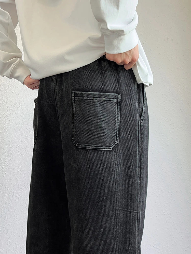 Mens Sweatpants High Street Acid Washed Cotton Elastic Waist Wide Leg Jogger Pants Drawstring Workout Long Pants