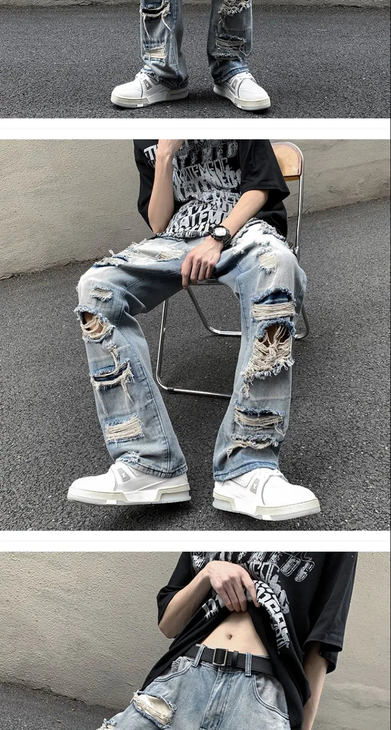 European and American High Street Spring and Autumn Vintage Destruction Washed Straight leg Jeans Couple Hip Hop Casual Pants