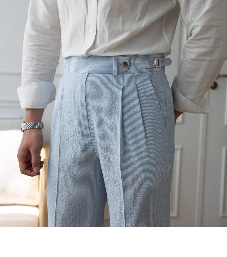 Men's Luxury Naples Slim-fit Thin Blue Striped Dress Pants Solid Color British Retro Premium Elegant Leisure High Waist Trousers