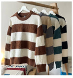 Men's New Black and White Striped Sweater Men's Autumn and Winter Loose Pullover Casual Top Men's Homestay Casual Warmth