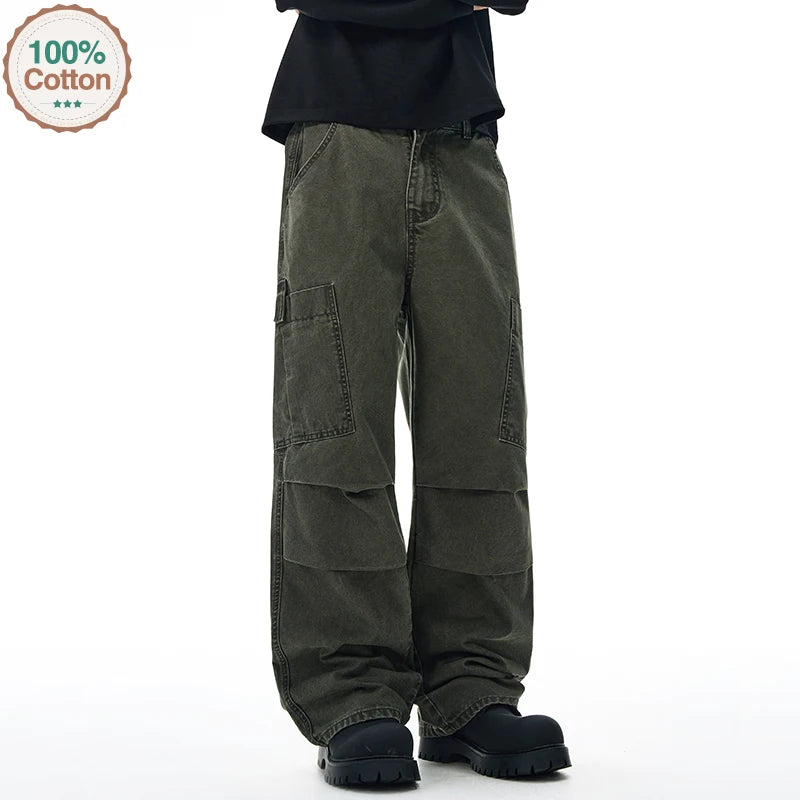 American Loose Straight Cargo Pants Men's Fashion Streetwear 100% Cotton Vintage Large Pocket Loose Casual Wide-leg Trousers
