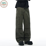 American Loose Straight Cargo Pants Men's Fashion Streetwear 100% Cotton Vintage Large Pocket Loose Casual Wide-leg Trousers
