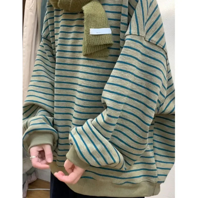 Autumn and winter American men and women trendy personalized striped round neck pullover for couples loose retro casual top y2k