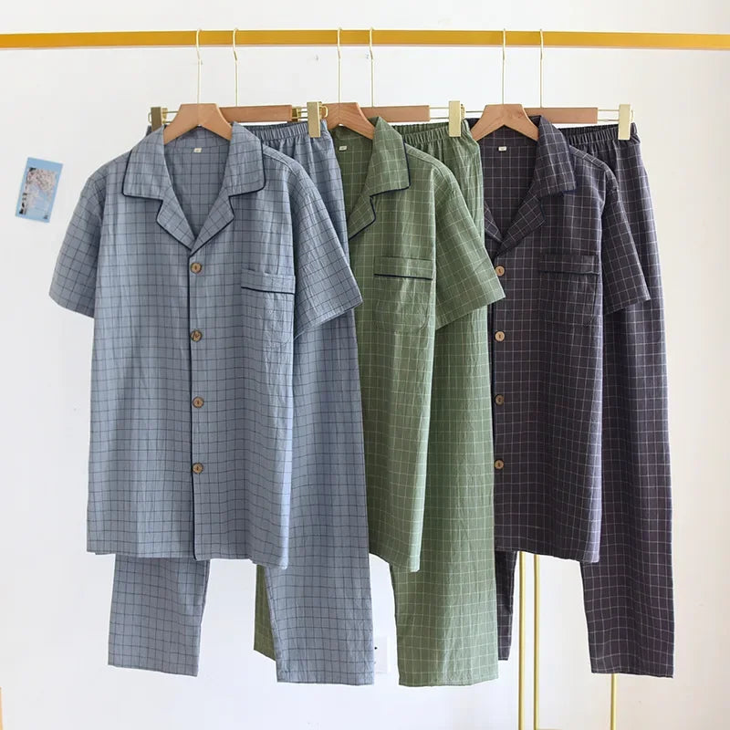 Men's Trousers Pajamas Set for Spring and Summer Thin Plaid Design Cotton Fabric Short Sleeved Long Pants Home Men Pyjama Set