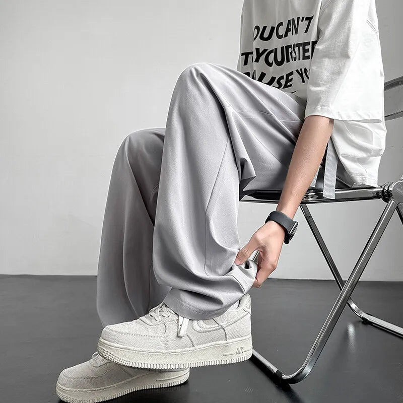 Men's Casual Straight Long Loose Pants Stretch Elastic Waist Jogger Korean Classic Blue Black Gray Male Brand Trousers Plus Size