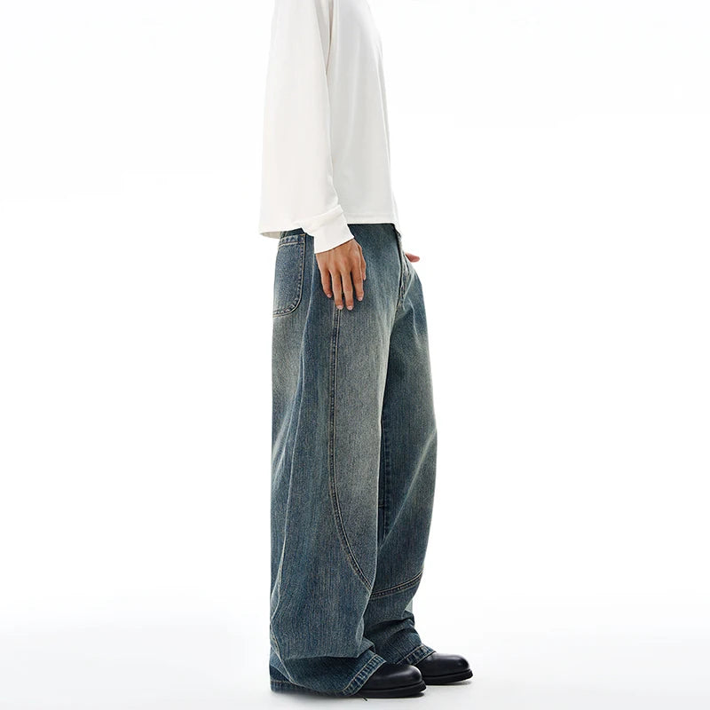 Baggy Classic Jeans Men's Vintage Wash Cotton Wide-leg Denim Pants Loose Fashion Spliced Streetwear Trendy Hip-hop Y2K Trousers