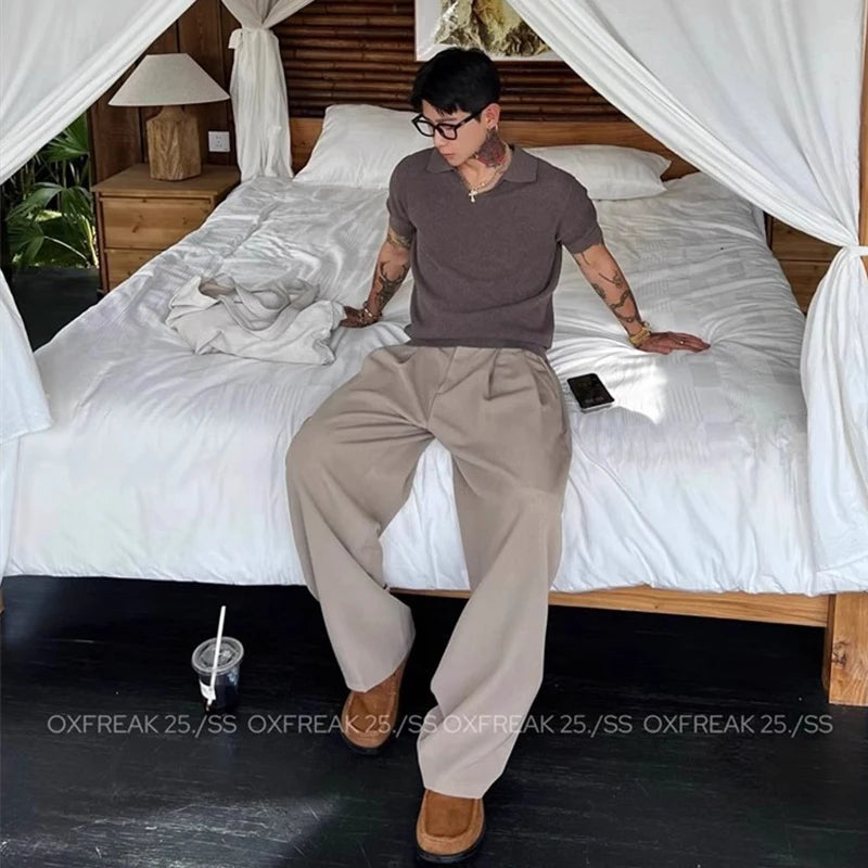 New Retro Fashion Men Suit Pants Light Luxury Draped Baggy Belt Button-down Solid Color Straight Trousers Elegant Dress Pants