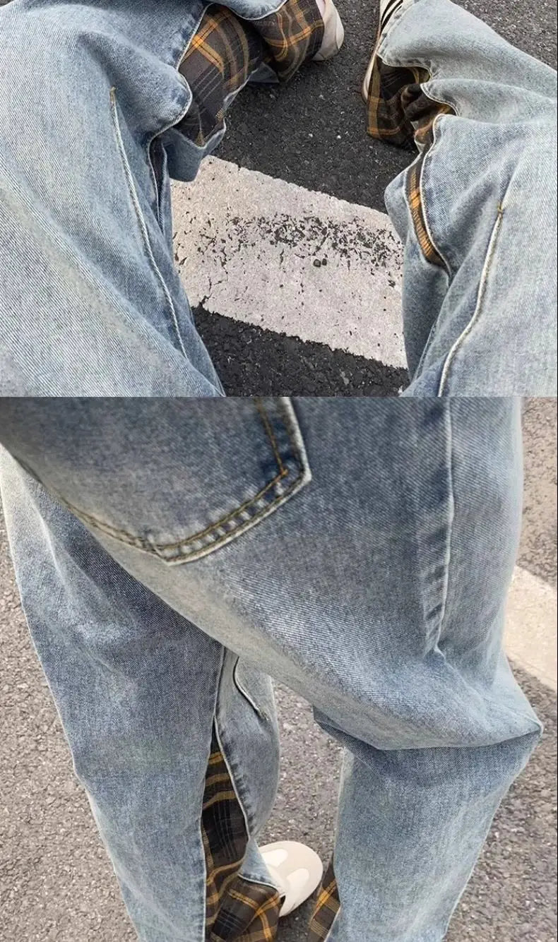 Trendy hip-hop men and women trendy personality checkered splicing straight leg jeans for couples loose retro casual pants y2k