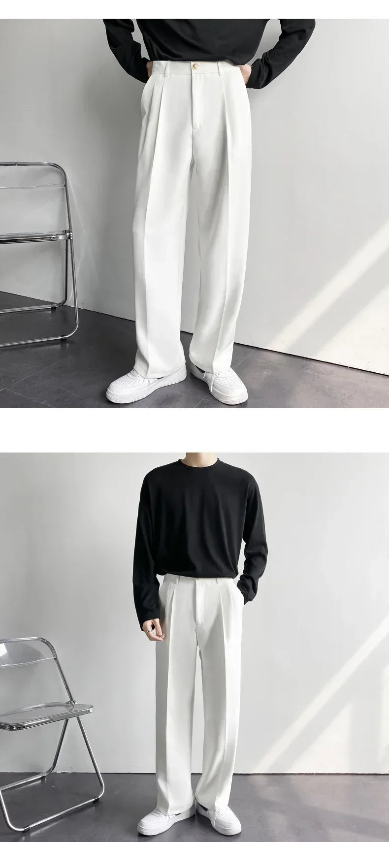 Spring Autumn Men's Fashionable White Korean Style Casual Pants Street Draped Straight Loose Suit Casual Trousers Male