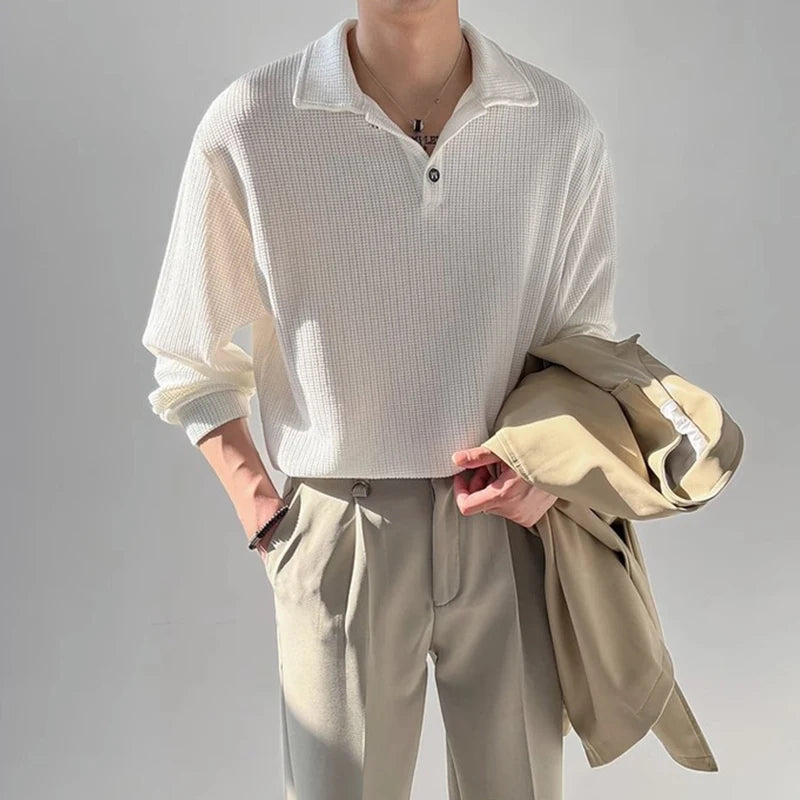 New Trendy Waffle Men Polo Shirt Leisure High Quality Solid Color Long Sleeve T-shirt Korean Fashion Autumn Loose Basic Shirts