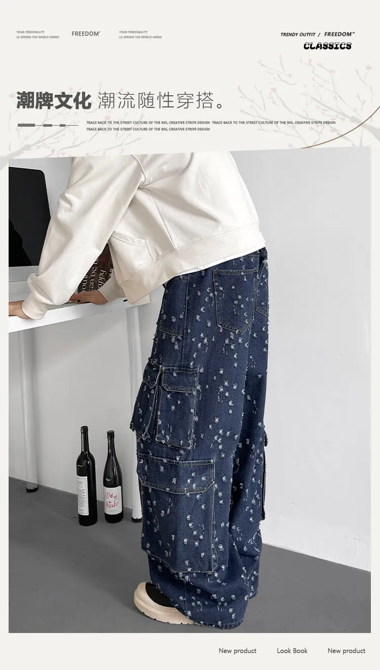 Cargo jean pants Men Wide Leg DenimLoose Straight Baggy Men's Jeans hip hop Streetwear Skateboard Neutral denim Trousers