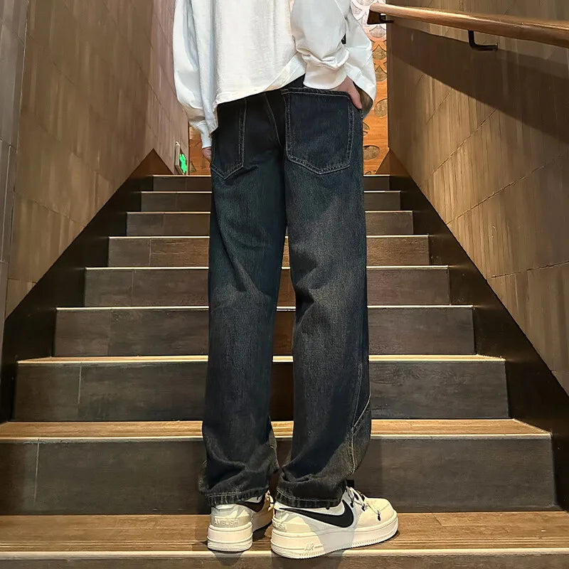 Straight Leg Jeans Men Washed Solid Trousers Panel Design Denim Pants Autumn Fall Male Wear New 2025 High-quality denim pants