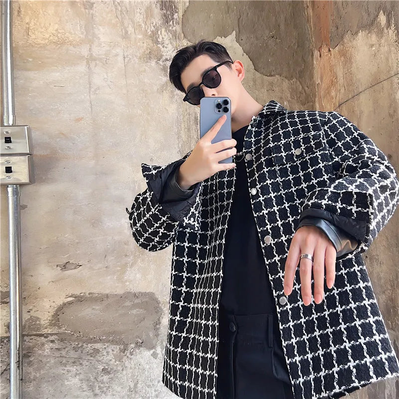 Autumn Winter Men's Fashion Plaid Jacket Coat Turn-down Collar Buttons Woolen Thick Outerwear Clothing Chic Check Shacket Man