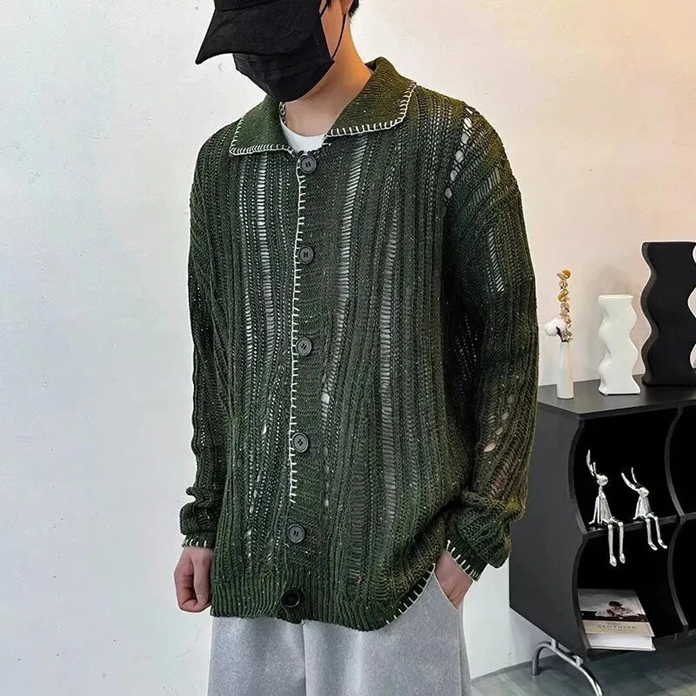 Fashion Casual Lazy Style Hole Knitted Sweater Cardigan Men Autumn And Winter Trend High-End American Street Retro Y2k Jacket