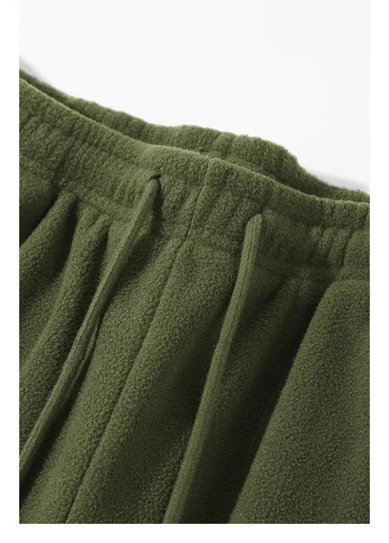 Double-sided Fleece! Retro Military Green Straight-leg Pants Women Loose Thickened Warm Drawstring Casual Wide-leg Pants Men