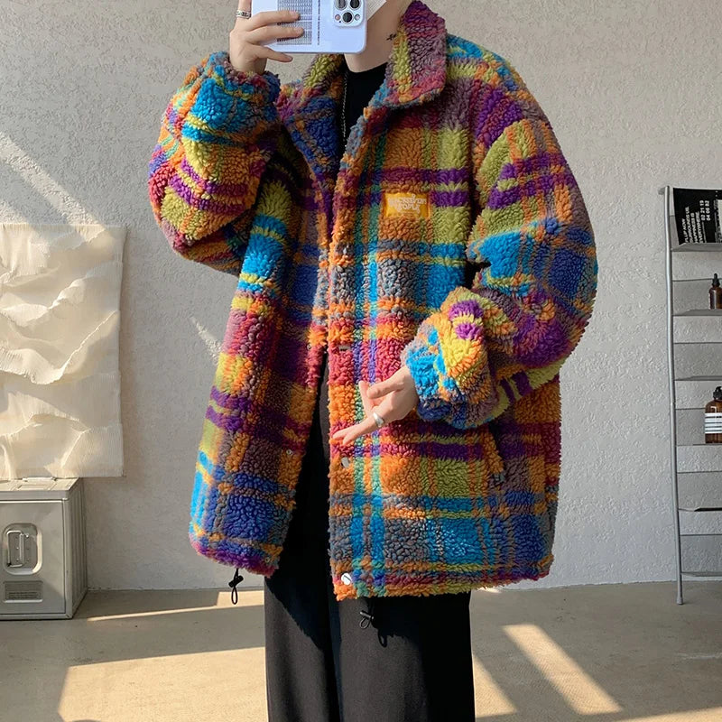 Patchwork Color Striped Iambskin Jackets Men's Women's Casual Harajuku Winter Thick Warm Coats Couples Hip Hop Streetwear