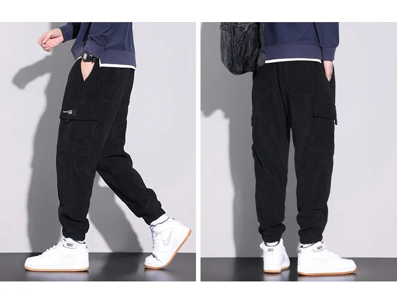 Autumn New Men's Corduroy Cargo Harem Pants Fashion Korean Embroidery Bound Feet Casual Pants Trendy Brand Male Trousers
