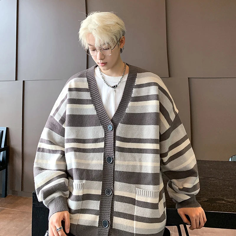 Autumn Striped Cardigan Sweater Men Korean Knitted Sweater Pullover Harajuku Hip Hop Streetwear Loose Knitwear Coat Male Clothes