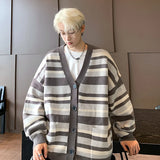 Autumn Striped Cardigan Sweater Men Korean Knitted Sweater Pullover Harajuku Hip Hop Streetwear Loose Knitwear Coat Male Clothes