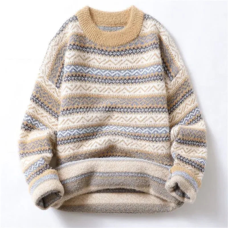 Round neck sweater for men and women autumn and winter new trend loose and high-end sense knitted sweater couple striped casual
