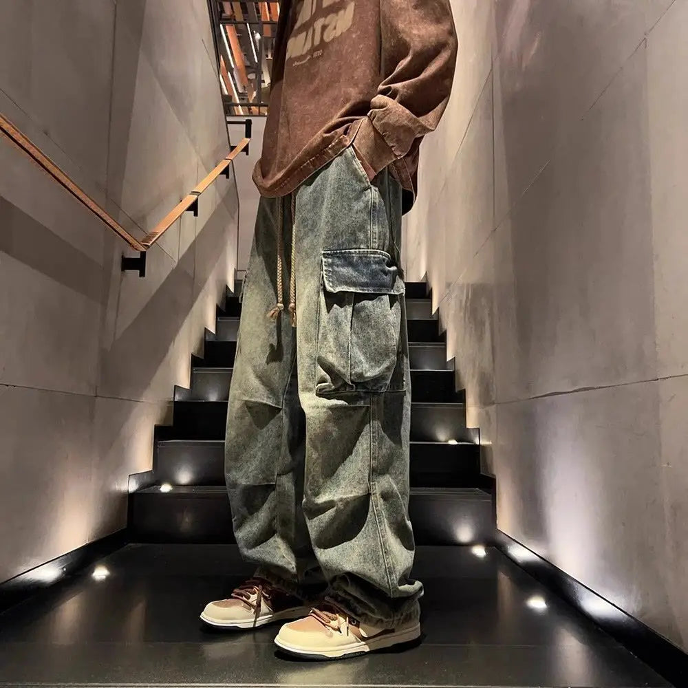 High street hip-hop men and women trendy personality large pocket straight leg washed denim jeans couple retro casual pants y2k