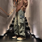 High street hip-hop men and women trendy personality large pocket straight leg washed denim jeans couple retro casual pants y2k