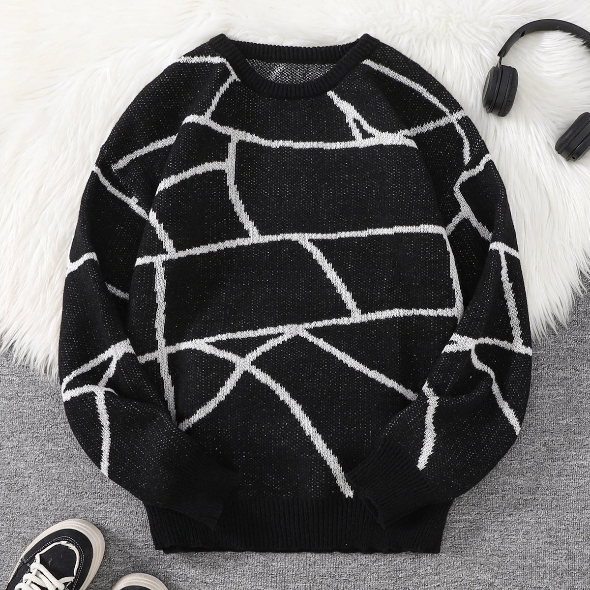 New Popular Autumn and Winter Broken Pattern Pullover Sweater Casual Round Neck Contrast Color Knitted Men's Pullover