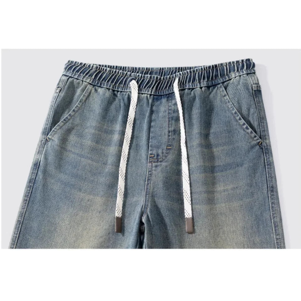 Men's Summer Baggy Jeans Big Size M-4XL Lightweight Cotton Wide Leg Straight Denim Pants Loose Fit Blue Jean Trousers