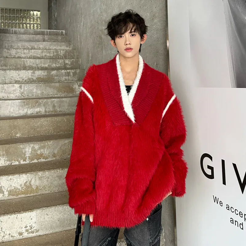 Personalized Men's Sweaters V-neck Contrast Color Casual Knitting Tops Casual Korean Style Pullover Male Tops Winter