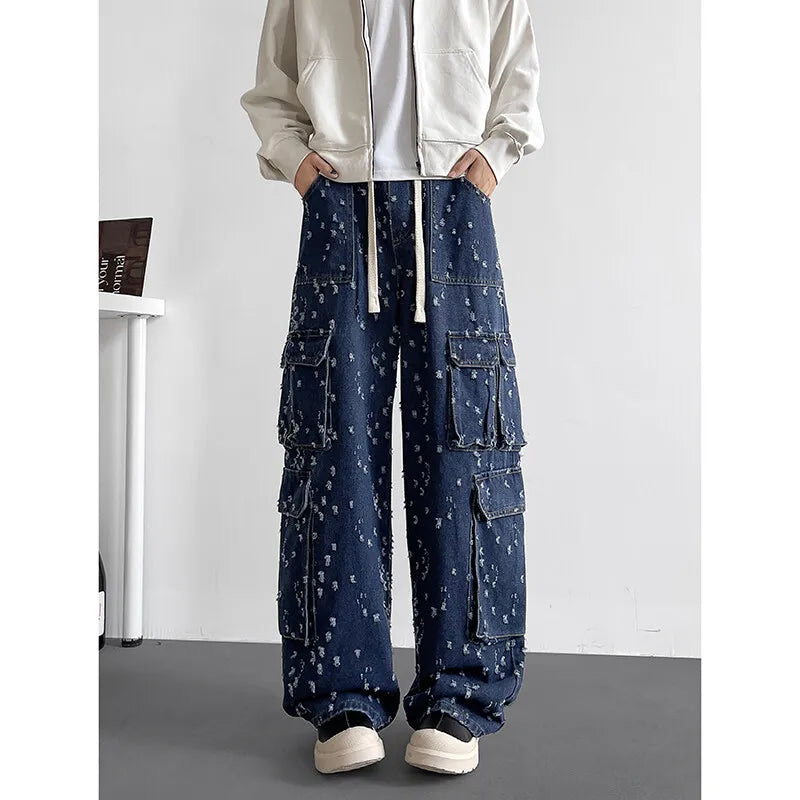Cargo jean pants Men Wide Leg DenimLoose Straight Baggy Men's Jeans hip hop Streetwear Skateboard Neutral denim Trousers
