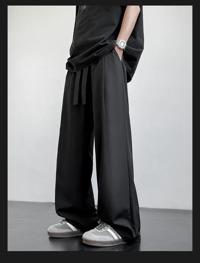 Men's Casual Straight Long Loose Pants Stretch Elastic Waist Jogger Korean Classic Blue Black Gray Male Brand Trousers Plus Size