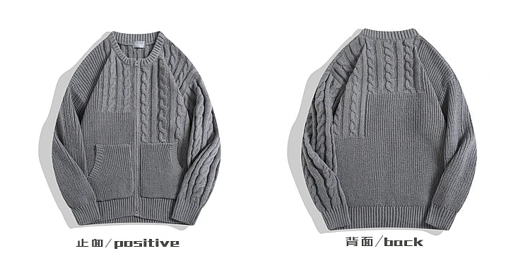 Men and Women Japanese Simple Double Zipper Twist Sweaters Cardigan Autumn Winter O-neck Simple Versatile Casual Knitted Jackets