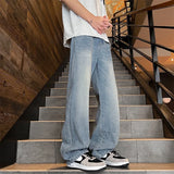 Men's Elastic-Waist Straight Loose Fit Denim Pants - Solid Color Casual Streetwear Jeans with Comfort Stretch