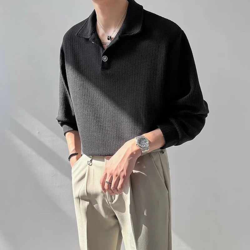 New Trendy Waffle Men Polo Shirt Leisure High Quality Solid Color Long Sleeve T-shirt Korean Fashion Autumn Loose Basic Shirts