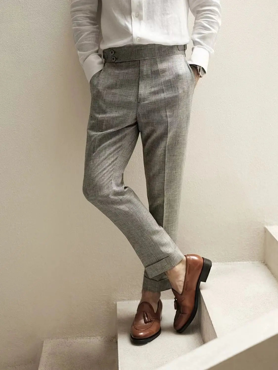 Vintage Naples Linen Pants Men British Style High Waist Slim Fit  Trousers Spring Summer Fashion Casual Ankle-Length Suit Pants