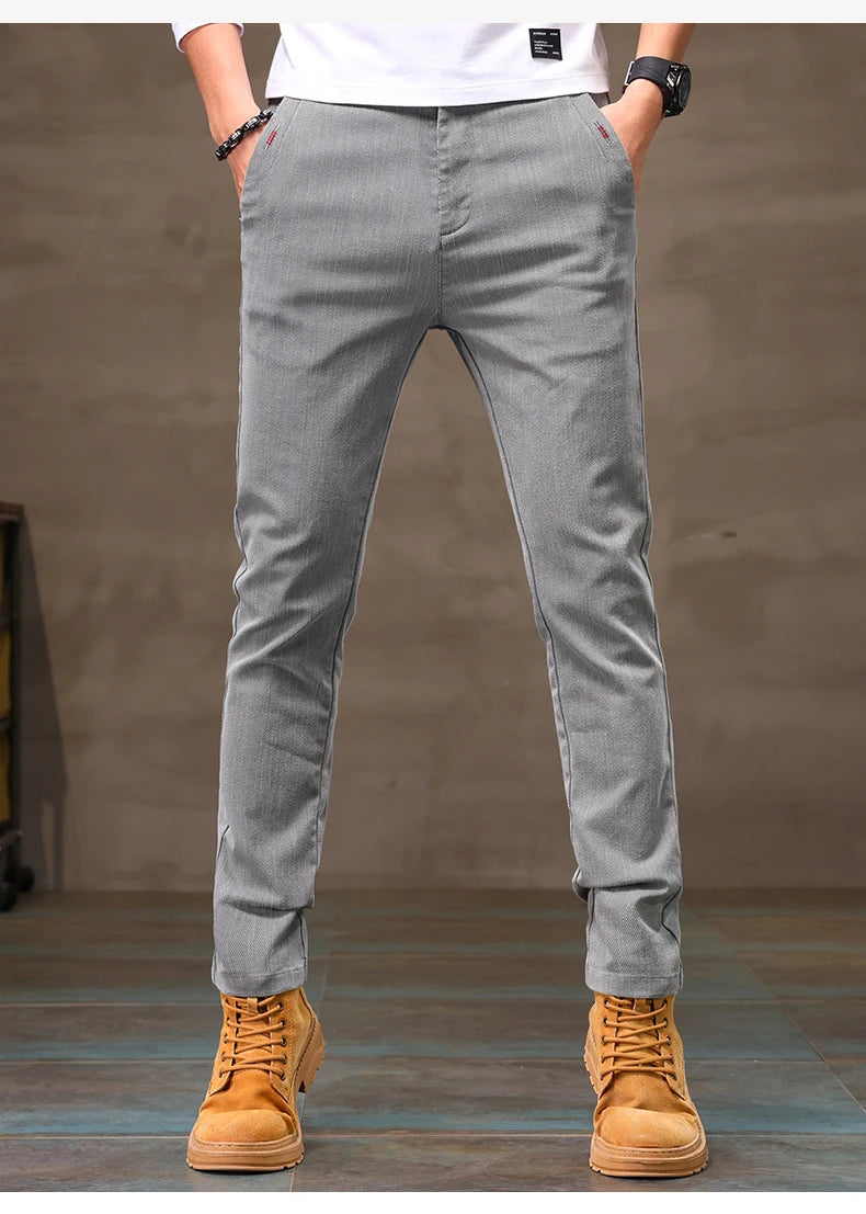 Men's Business Casual Pants Stretch Slim Fit Straight Semi-elastic Waist Trousers Solid Classic Office Work Male Clothing