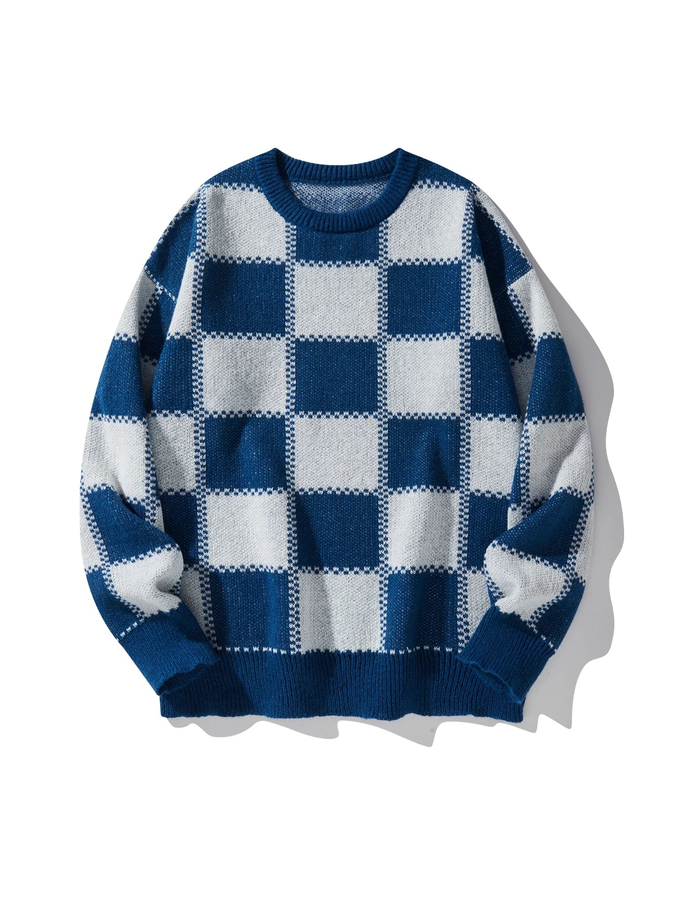 New Popular Autumn Winter Plaid Jacquard Pattern Pullover Sweater Casual Round Neck Contrast Color Knitted Men's Pullover