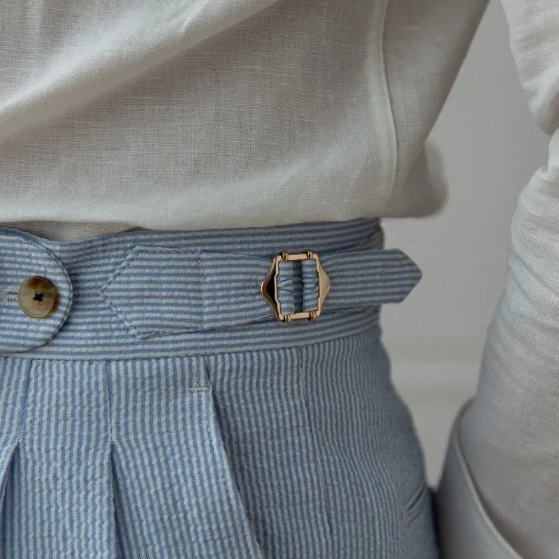 Men's Luxury Naples Slim-fit Thin Blue Striped Dress Pants Solid Color British Retro Premium Elegant Leisure High Waist Trousers