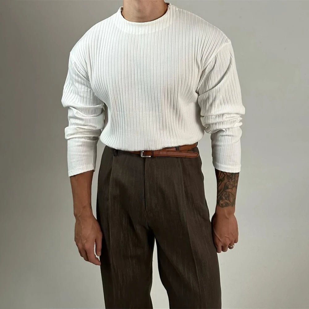 Mens Autumn Concave Convex Striped Off-Shoulder Long-Sleeved Knitted T-Shirt Gender-Neutral Casual Solid Color Loose Top Unisex