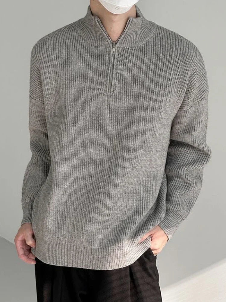 Man Clothes Solid Color Zip-up Knitted Sweaters For Men Black Zipper Plain Pullovers Stylish Casual Winter Fun Neck A