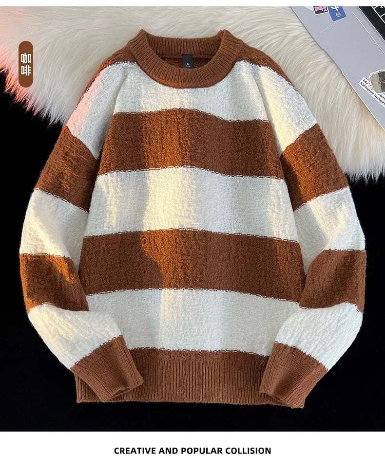 Men's New Black and White Striped Sweater Men's Autumn and Winter Loose Pullover Casual Top Men's Homestay Casual Warmth