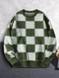 New Popular Autumn Winter Plaid Jacquard Pattern Pullover Sweater Casual Round Neck Contrast Color Knitted Men's Pullover