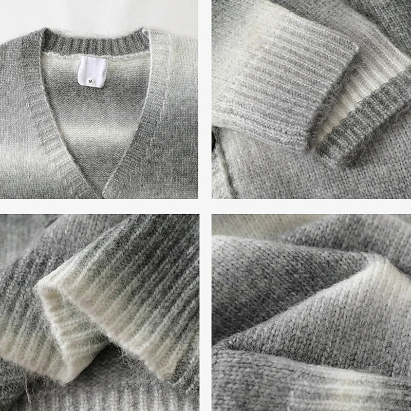 Winter New Gradient Men's Cardigan V-neck Single Breasted Fashion Casual Loose Sweater Couple Street Hip-hop Clothing Oversized